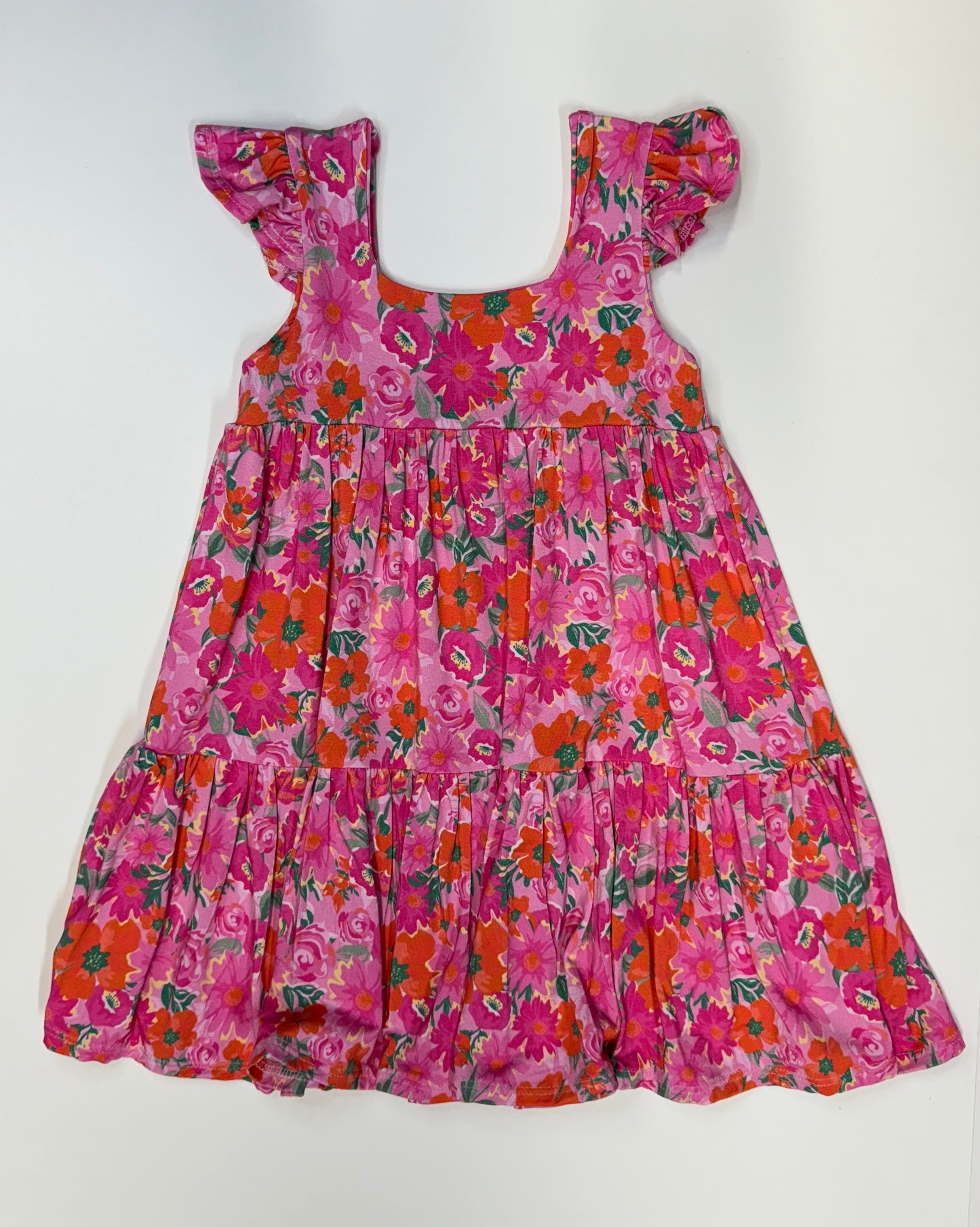 Pink/orange floral bamboo tiered dress